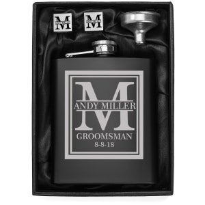 Personalized Flask, Funnel, Cuff Links, Set in Gift Box Deluxe Kit Engraved Custom Groomsman Best Man Groom Dad Father Gentleman Gift