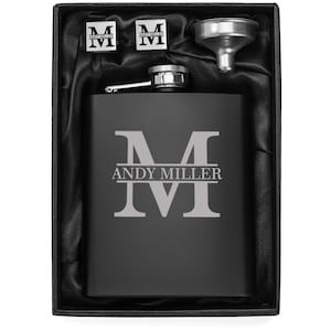 Personalized Flask, Funnel, Cuff Links, Set in Gift Box Kit Engraved Custom Groomsman Best Man Groom Dad Father Brother Gentleman Gift