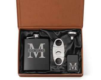 Engraved Black Stainless Steel Flask, Funnel, Cigar Cutter & Lighter Brown Leather Box Personalized Custom Groomsman Monogram Block Initial