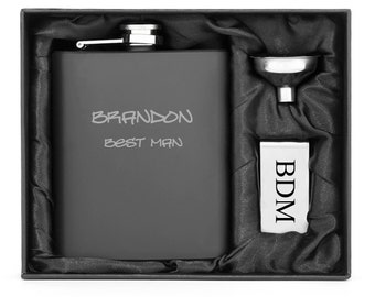 Personalized Custom Engraved 7oz Stainless Steel Flask Funnel & Money Clip MATTE BLACK Groomsman Best Man Groom Wedding Party Gift