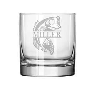 Custom Engraved Personalized Bass Fish Fishing Rocks Whiskey Glass Groomsman Wedding Best Man Uncle Brother Father Father's Day Gift