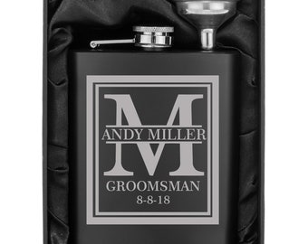 Engraved 7oz Matte Black Stainless Steel Hip Flask & Funnel Gift Box Set Block Initial Deluxe Personalized Custom Groomsman Best Man