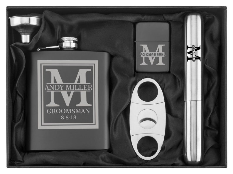 Engraved 7oz Stainless Steel Flask Funnel Cigar Cutter Lighter Block Initial Deluxe MATTE BLACK Personalized Custom Groomsman Best Man Groom 