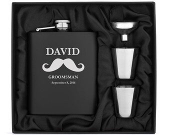 Engraved 7oz Matte Black Stainless Steel Hip Flask Funnel Shots Gift Set Box Mustache Personalized Custom Groomsman Best Man Wedding