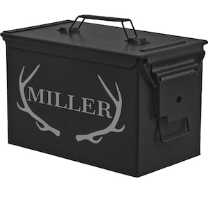 Matte Black Personalized Engraved .50 Cal or .30 Cal Caliber Ammo Can Storage Box Antlers Groomsmen Gift Wedding Groom Father Dad Gift