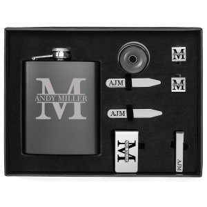 Personalized Flask, Funnel, Money Clip, Tie Bar Clip, Cuff Links, Collar Stays Set in Gift Box Kit Engraved Custom Groomsman Best Man