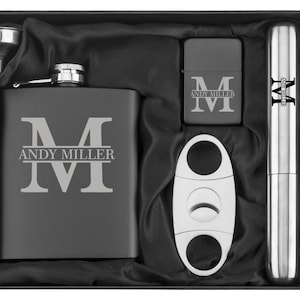 Engraved 7oz Stainless Steel Flask Funnel Cigar Cutter Lighter Block Initial MATTE BLACK Personalized Custom Groomsman Best Man Groom image 1