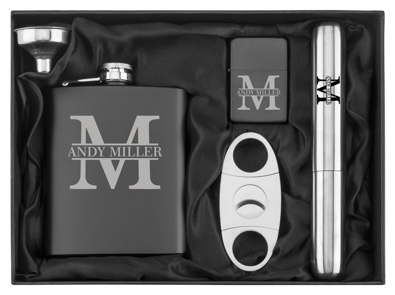 Engraved 7oz Stainless Steel Flask Funnel Cigar Cutter Lighter Block Initial MATTE BLACK Personalized Custom Groomsman Best Man Groom image 1