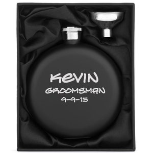 Engraved 5oz Matte Black Stainless Steel Round Hip Flask Funnel Gift Set Box  Personalized Custom Groomsman Best Man Wedding Gift