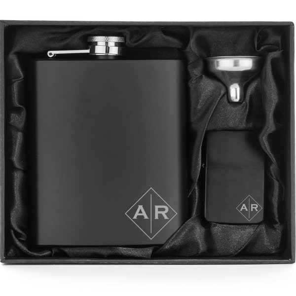 Engraved 7oz Stainless Steel Flask Funnel & Lighter MATTE BLACK Personalized Custom Gift For Him Men Groomsmen Best Man Square Monogram