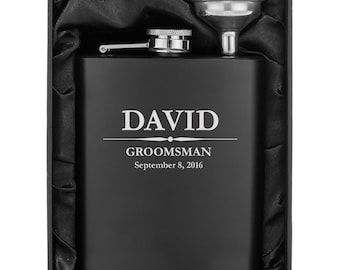 Engraved 7oz Matte Black Stainless Steel Hip Flask & Funnel Gift Box Set Personalized Custom Groomsman Best Man