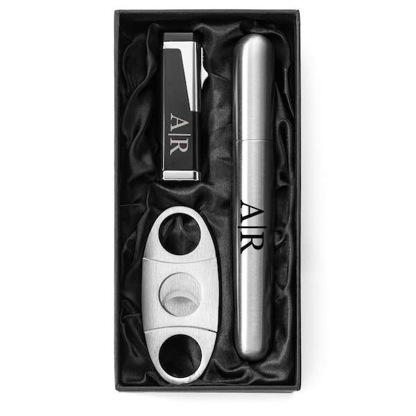 Engraved Stainless Steel Cigar Tube Flask, Cutter, Triple Flame Torch Lighter Personalized Custom Initials Groomsman Best Man Wedding Party