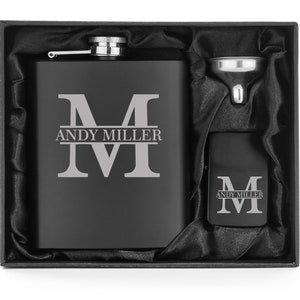 Engraved 7oz Stainless Steel Flask Funnel & Lighter Block Initial MATTE BLACK Personalized Custom Groomsman Best Man Groom Wedding Party