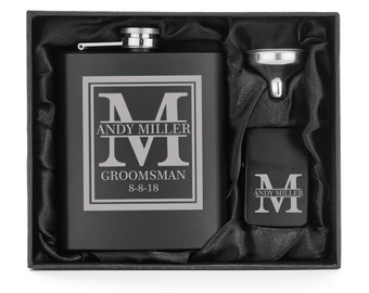Engraved 7oz Stainless Steel Flask Funnel & Lighter Block Initial Deluxe MATTE BLACK Personalized Custom Groomsman Best Man Groom Wedding