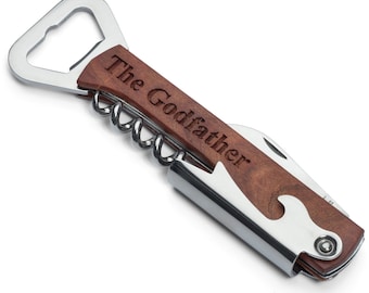Engraved Wood & Stainless Steel Corkscrew Bottle Opener Knife The Godfather