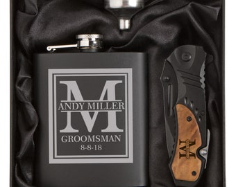 Engraved 7oz Stainless Steel Flask Funnel Rescue Knife Block Initial Deluxe Gift Box Personalized Custom Groomsman Wedding Best Man