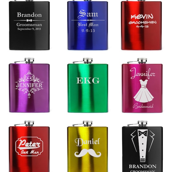 Engraved 7oz Stainless Steel Hip Flask black blue purple pink red green gold Personalized Custom Groomsman Best Man Wedding Gift