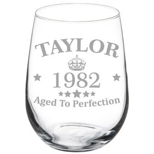 Custom Personalized Engraved Birthday Gift Perfection Crown Stemless or Stemmed Wine Glass 21st 30th 35th 40th 50th 60th 70th 80th Birthday
