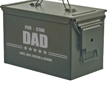 Personalized Engraved .50 Cal or .30 Cal Caliber Ammo Can Storage Box 5 Star Dad Gift Father Father's Day