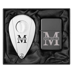 Engraved Stainless Steel Cigar Cutter & Matte Black Lighter Monogram Block Initial Personalized Custom Groomsman Best Man Groom Wedding