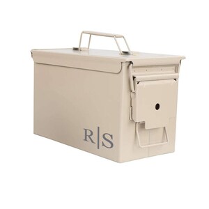 Tan Personalized Engraved .50 Cal or .30 Cal Caliber Ammo Can Storage Box Monogram Initials Groomsmen Gift Father Dad Grandfather Sand