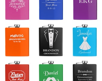 Engraved 7oz Stainless Steel Hip Flask black blue purple pink red green orange Personalized Custom Groomsman Bridesmaid Wedding Party Gifts