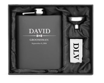 Personalized Custom Engraved 7oz Stainless Steel Flask Funnel & Money Clip Wedding Bow Tie MATTE BLACK Groomsman Best Man Groom Wedding Gift