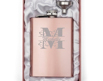 Engraved 8oz Rose Gold Fancy Letter Stainless Steel Hip Flask & Funnel Gift Box Personalized Custom Wedding Bridesmaid Bride Birthday Gift