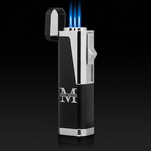Engraved Black & Chrome Triple Flame Torch Lighter with Punch Cutter Personalized Custom Initial Groomsman Best Man Groom Wedding Party