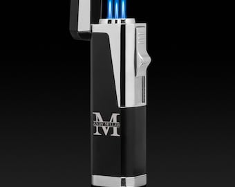 Engraved Black & Chrome Triple Flame Torch Lighter with Punch Cutter Personalized Custom Initial Groomsman Best Man Groom Wedding Party