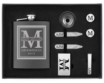 Personalized Flask, Funnel, Money Clip, Tie Bar Clip, Cuff Links, Collar Stays Set in Gift Box Engraved Custom Initial Deluxe Groomsman