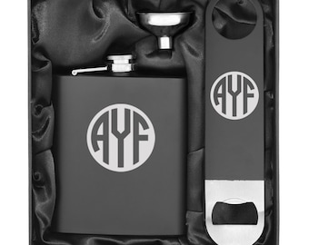 Monogram Engraved Stainless Steel Flask Funnel & Bottle Opener MATTE BLACK Personalized Custom Groomsman Best Man Groom Father Gift