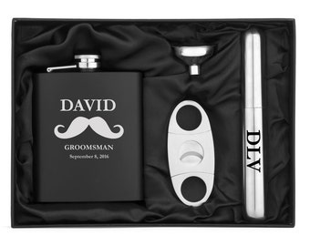 Engraved 7oz Stainless Steel Flask Funnel Cigar Cutter Mustache MATTE BLACK Personalized Custom Groomsman Best Man Groom Wedding Party Gift