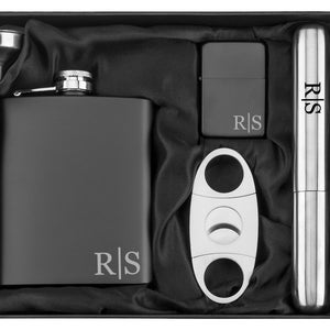 Engraved 7oz Stainless Steel Flask Funnel Cigar Cutter Lighter Monogram Line Initials Matte Black Personalized Custom Groomsman Best Man