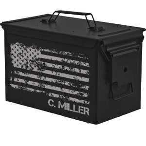 Matte Black Personalized Engraved .50 Cal or .30 Cal Caliber Ammo Can Storage Box American Flag Groomsmen Gift Box Wedding Father Dad Gift