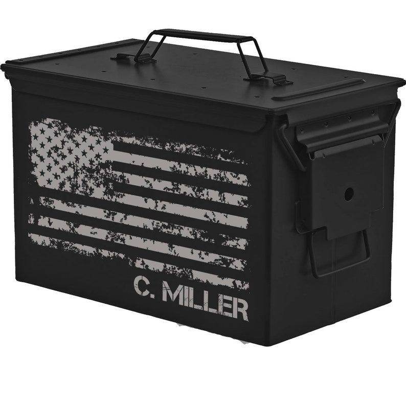 Matte Black Personalized Engraved .50 Cal or .30 Cal Caliber Ammo Can Storage Box American Flag Groomsmen Gift Box Wedding Father Dad Gift 