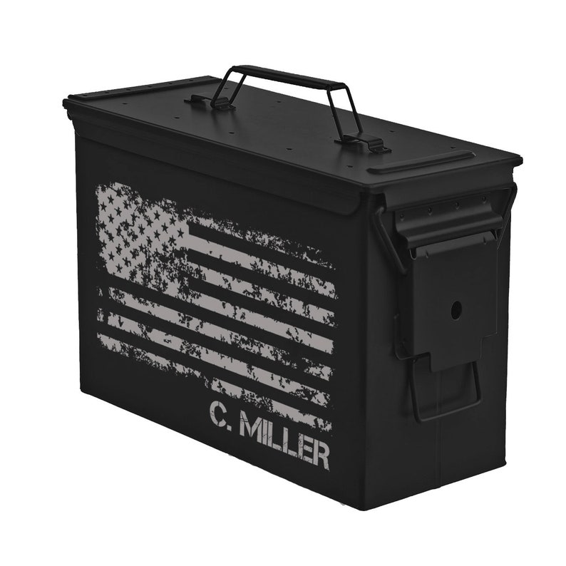 Matte Black Personalized Engraved .50 Cal or .30 Cal Caliber Ammo Can Storage Box American Flag Groomsmen Gift Box Wedding Father Dad Gift image 3