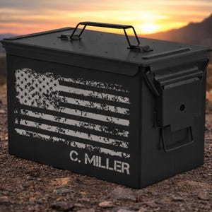 Matte Black Personalized Engraved .50 Cal or .30 Cal Caliber Ammo Can Storage Box American Flag Groomsmen Gift Box Wedding Father Dad Gift