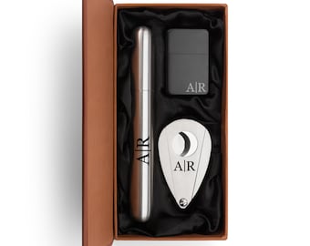 Engraved Stainless Steel Cigar Tube Flask, Cutter, Black Lighter Leather Box Personalized Custom Groomsman Monogram Line Initials