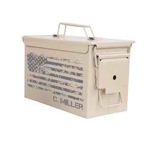 Tan Personalized Engraved .50 Cal or .30 Cal Caliber Ammo Can Storage Box American Flag Groomsmen Box Wedding Father Dad Gift Desert Sand