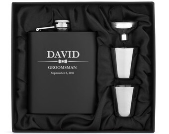 Engraved 7oz Matte Black Stainless Steel Hip Flask Funnel Shots Gift Set Box Wedding Bow Tie Personalized Custom Groomsman Best Man Wedding