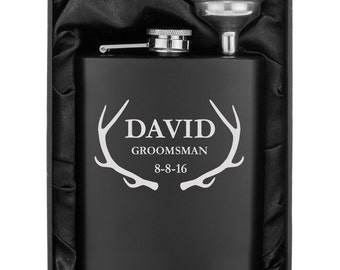 Engraved 7oz Matte Black Stainless Steel Hip Flask & Funnel Gift Box Set Antlers Hunting Hunter Personalized Custom Groomsman Best Man