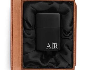 Engraved Matte Black Dual Flame Torch Lighter In Leather Box Personalized Custom Groomsman Gift, Monogram Initials Line, Engraved Lighter