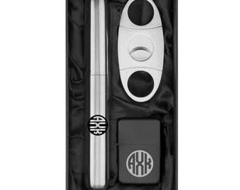 Monogram Engraved Stainless Steel Cigar Tube Flask, Cutter, & Lighter Personalized Custom Groomsman Best Man Groom Wedding Party Gift