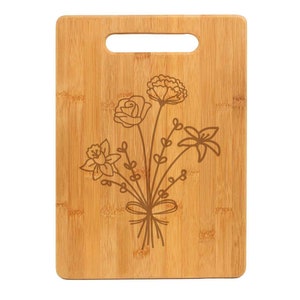 Mother&#39;s Day Gift For Mom Custom Personalized Birth Flower Bouquet Bamboo Cutting Board, Gift For Mother, Grandmother Gift
