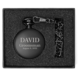 Engraved Matte Black Pocket Watch Personalized Custom Text Wedding Bow Tie Groomsman Best Man Wedding Party Gift Boxed