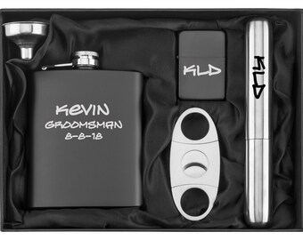 Engraved 7oz Stainless Steel Flask Funnel Cigar Cutter Lighter MATTE BLACK Personalized Custom Groomsman Best Man Groom Wedding