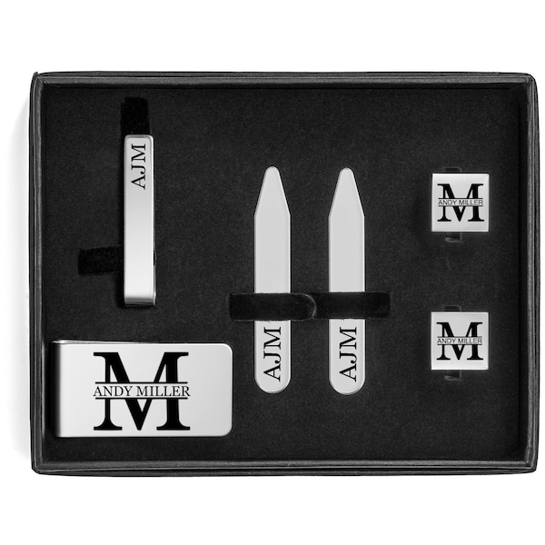 Personalized Money Clip, Tie Bar Clip, Cuff Links & Collar Stays Set in Gift Box Kit Block Initial Engraved Custom Groomsman Best Man Groom