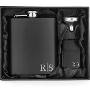Engraved 7oz Stainless Steel Flask Funnel & Lighter Matte Black Monogram Initials Line Personalized Custom Groomsman Best Man Groom Wedding