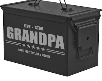 Matte Black Personalized Engraved .50 Cal or .30 Cal Caliber Ammo Can Storage Box 5 Star Grandpa Gift Dad Grandfather